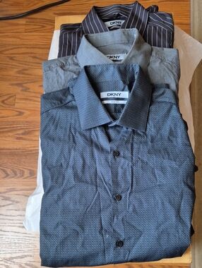 DKNY Men's Blue and Black Patterned Slim Fit Dress Shirts Trio 15 32/33